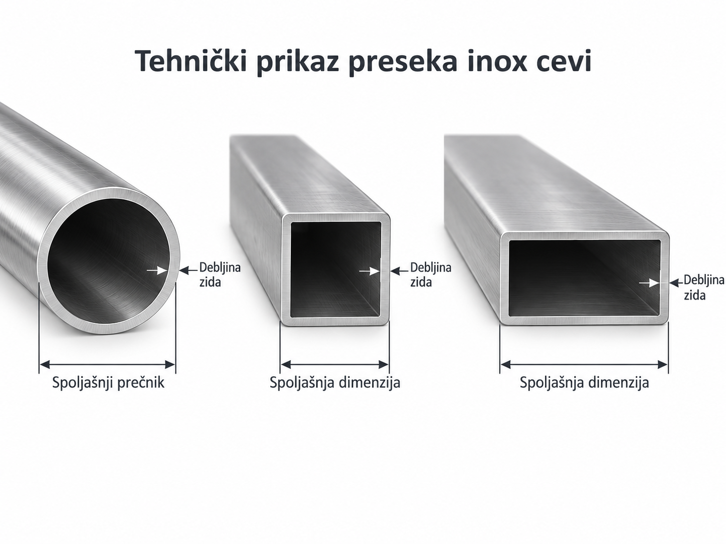 Tehnički prikaz preseka okrugle, kvadratne i pravougaone inox cevi sa oznakama debljine zida i spoljašnje dimenzije
