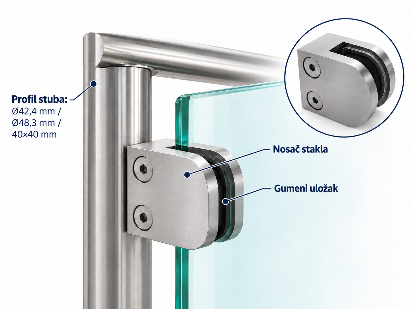 Inox nosač stakla za ograde