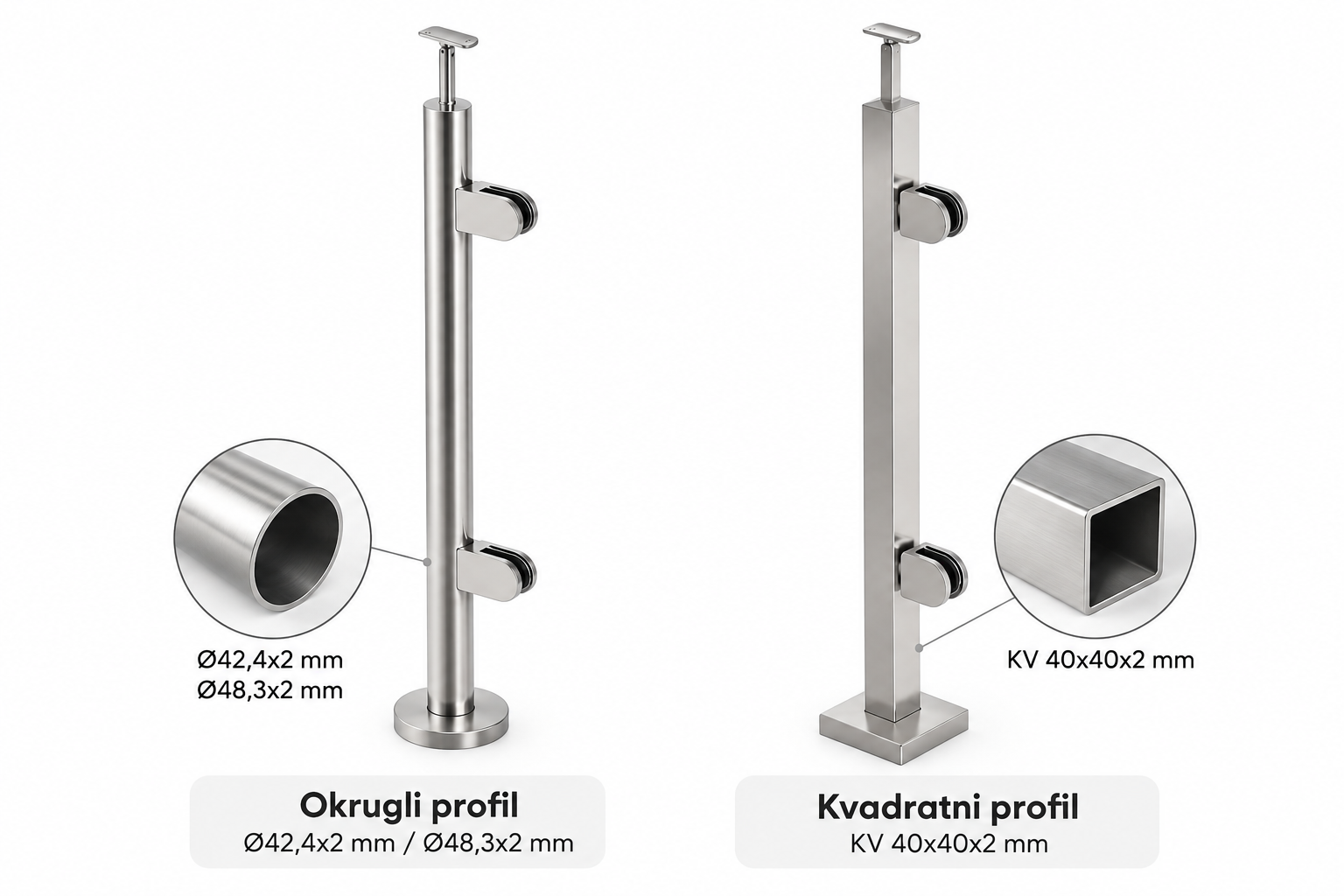 Okrugli i kvadratni inox stub za staklenu ogradu sa prikazanim profilima cevi